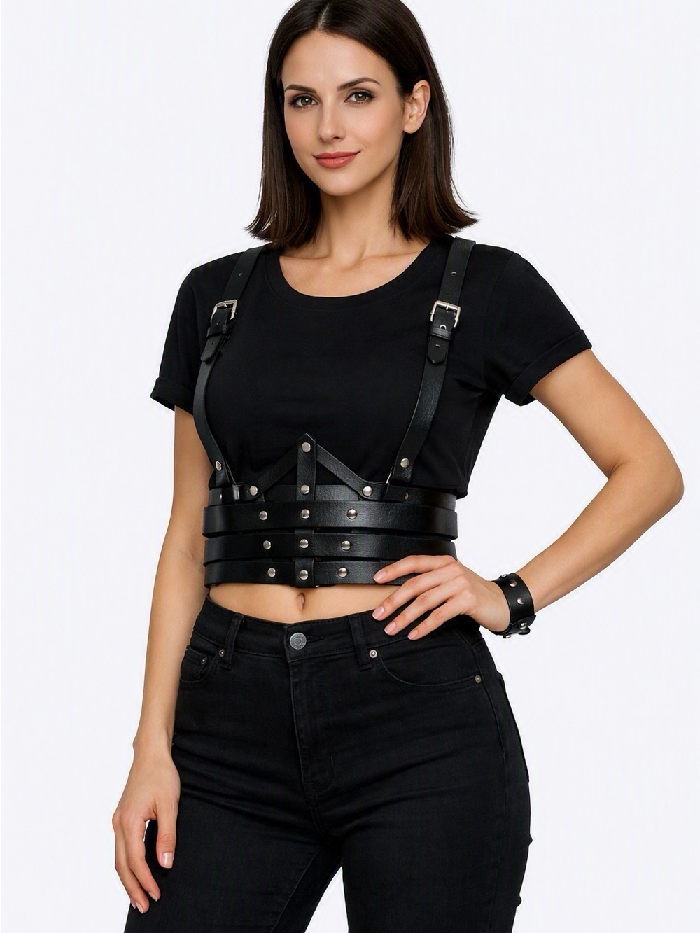 Black Faux Leather Corset Belt with Buckle Straps, adjustable-Women